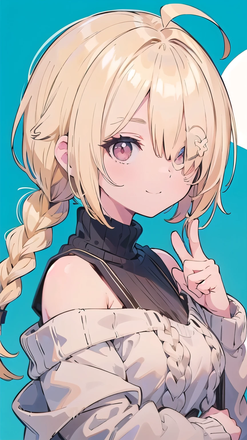 tits、smile, face palm、breasts close up, blonde ((((((hair over one eye)))))), Braid Styles, spiked hair, blunt bangs, bob hair, a braid, Ahoge red eyes, off shoulder, knit sweater, From above, From the side