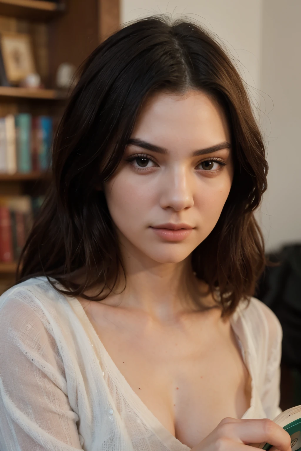 Create a realistic portrayal: a woman with a combination face resembling Kim Taehyung and Kendall Jenner with kendall jenner style. She’s reading a book
((best quality)), ((masterpiece)), (detailed), perfect face