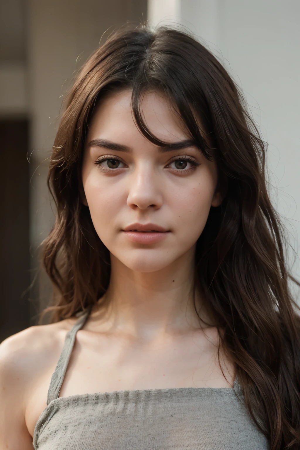 Create a realistic portrayal: a woman with a combination face resembling Kim Taehyung and Kendall Jenner, with kendall jenner style. Make it half body potrait. Has long wavy hair