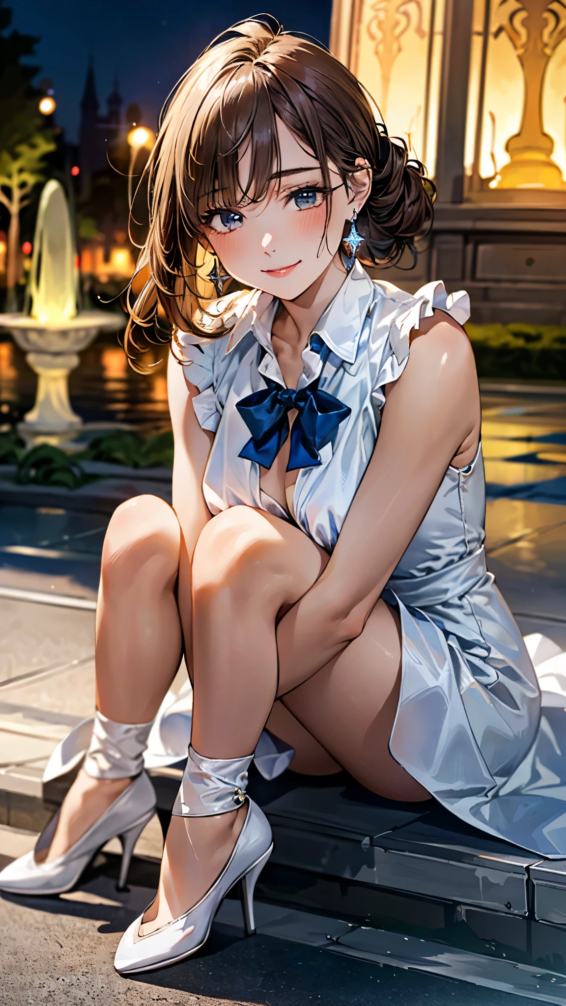 (masterpiece:1.3, top-quality, ultra high res, ultra detailed), (realistic, photorealistic:1.4), beautiful illustration, perfect lighting, natural lighting, colorful, depth of fields, ,, 
beautiful detailed hair, beautiful detailed face, beautiful detailed eyes, beautiful clavicle, beautiful body, beautiful chest, beautiful thigh, beautiful legs, beautiful fingers, 
looking at viewer, full body, 1 girl, high school girl, athlete, perfect face, (perfect anatomy, anatomically correct), cute and symmetrical face, babyface, , shiny skin, 
(middle hair:1.5, half updo:1.2, brown hair), blunt bangs, parted bangs, dark blue eyes, long eye lasher, (medium breasts), slender, 
((sleeveless white hourglass dress)), stiletto heels, crystal earrings, chest pocket, peticure,wrist accessories, 
(beautiful scenery), evening, (old town square, big fountain), ((hugging legs)), wearing red nail polish, fold arms, tied hair, (lovely smile, upper eyes), 