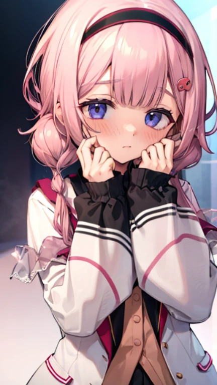 best quality, Masterpiece, 1 girl, (detailed face), (detailed eyes), march7th, casual outfit,pink hair,long hair, pink eyes,hair hair ornament, hair between eyes, school unirofm, detached_sleeves, blue scarf, big scarf, long scarf, white sailor collar, white cape, ribbon, restrained, ((arms tied)), ((Wrists tied behind back)), bondage, white fabric, gagged, otm gaggged, otm gag, black gagged, cafe, indoor, morning, lying on sofa, window, looks away, struggling, struggle, saliva, sweat, panic, upper body,