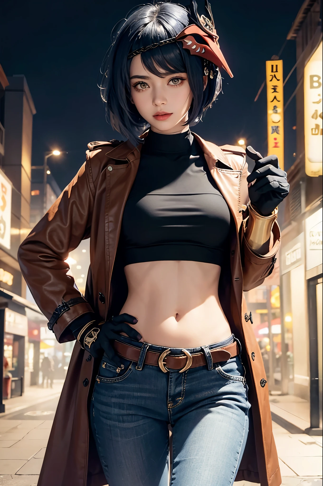 (long leather trench coat, long skinny jeans, iron belt), ((midriff, navel)), smile, looking at viewer, night city boulevard, standing, (cinematic lighting, best quality, masterpiece, high details, best quality, highres, HD, 4K, 8k, super detail), best quality, masterpiece, (kujou sara:1.3 mask on head, blue hair, short hair, yellow eyes, gloves)