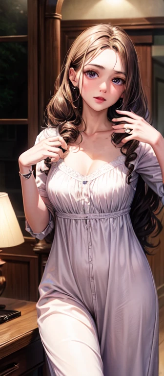 Woman, medieval bedroom, Curly chocolate long brown hair, lilac eyes, wears a cream dress pajama and has her hand resting on the mirror, she has a surprised expression.  realistic style.