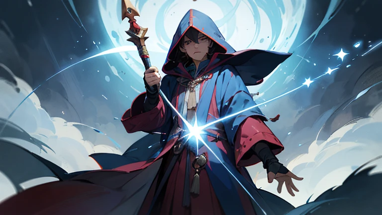 A hooded vile wizard maestro man with his face covered controlling the elements with his wand in fantasy medieval anime style