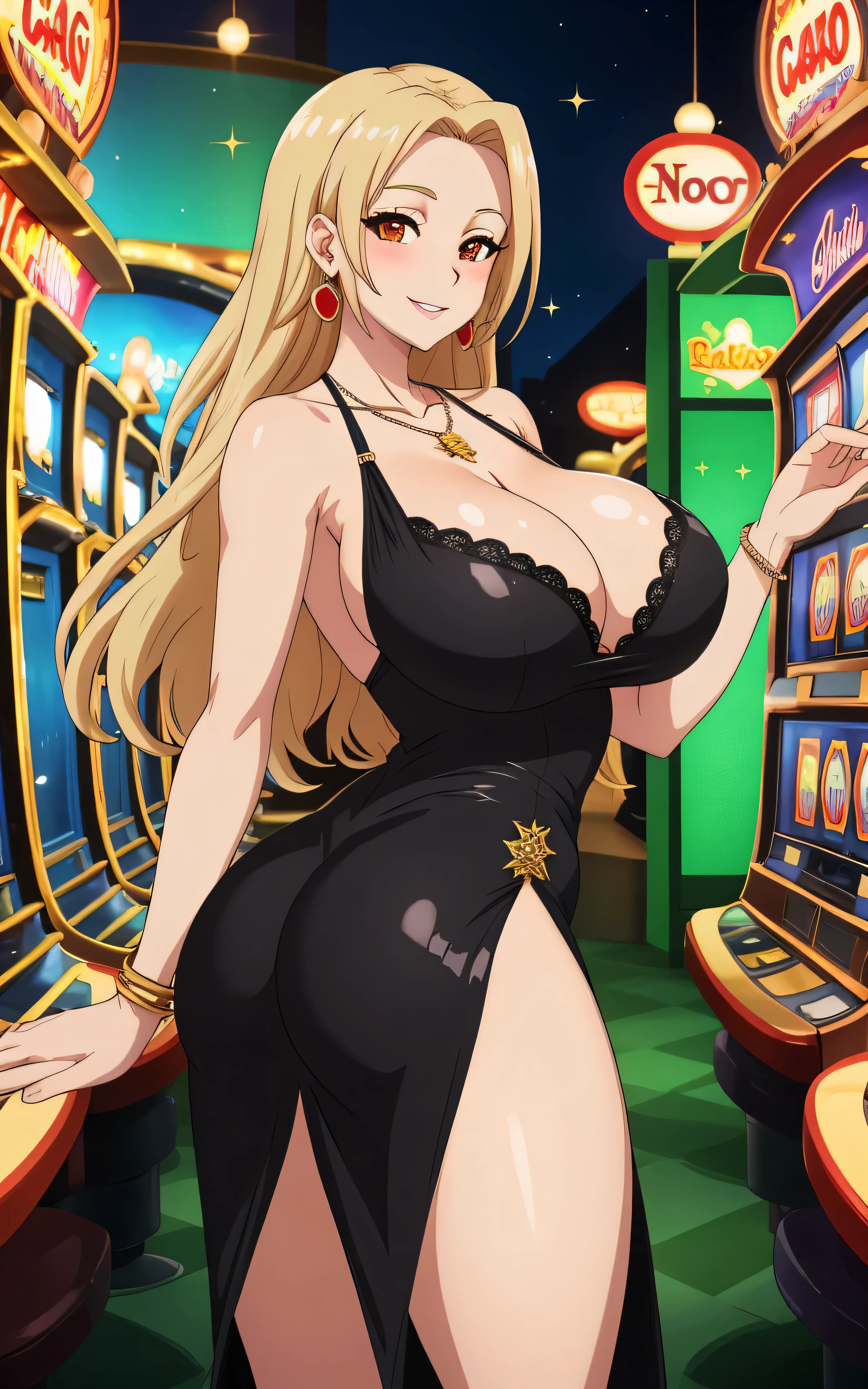 score_9, score_8_up, score_7_up, score_9, source_anime, BREAK best quality, 1girl, (huge breasts:1.3), curvy, hyperdetailed, adult, thick lips, Tsunade, blonde hair, beautiful brown eyes, forehead jewel, mature female, large breasts, looking at viewer, dress, skin tight dress, big breasts, huge breasts, cute smile, shy smile, blushed smile, big ass, huge ass, at casino, slot machines, holding margarita, cute dress, sparkly dress, glitter dress, black dress, black lace dress, cleavage, giant breasts, playing slot machine, nice casino background, full frame, diamond earrings, necklace , side slit, bare shoulders