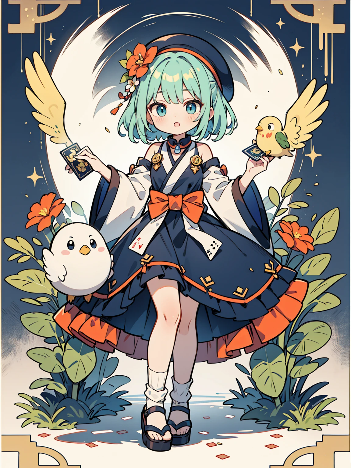 a stylized, vibrant character that appears to be from a card-based game or an anime series. The character has a youthful, whimsical appearance with big, expressive blue eyes and short, straight light blue hair with a flower hairpiece tucked into the left side. The hairpiece features a large red flower with green leaves. The character's attire is an eclectic mix of fantasy and traditional Japanese elements, with a predominance of green. They wear a green hat that matches their outfit, along with a blue and green ribbon bow tied around the neck. The clothing includes a green top with fringes at the bottom and what appears to be a long, flowing, golden sash or ribbon that cascades down from the waist. The sleeves are long and detached from the main outfit, exposing the shoulders, and have a similar fringe decoration at the ends. In the character's lap sits a plush toy, which resembles a yellow, chubby bird with big round eyes and a small orange beak. The character's legs are crossed, and they're wearing brown sandals with blue straps, which are secured over white, ankle-high tabi socks. The background is elaborate, featuring a hexagonal purple border with intricate designs, as well as flames, possibly indicating a magical or energetic essence. Surrounding the character are floating playing cards, suggesting themes of magic or fantasy. The overall feel of the image is vibrant, playful, and rich with pattern and color.