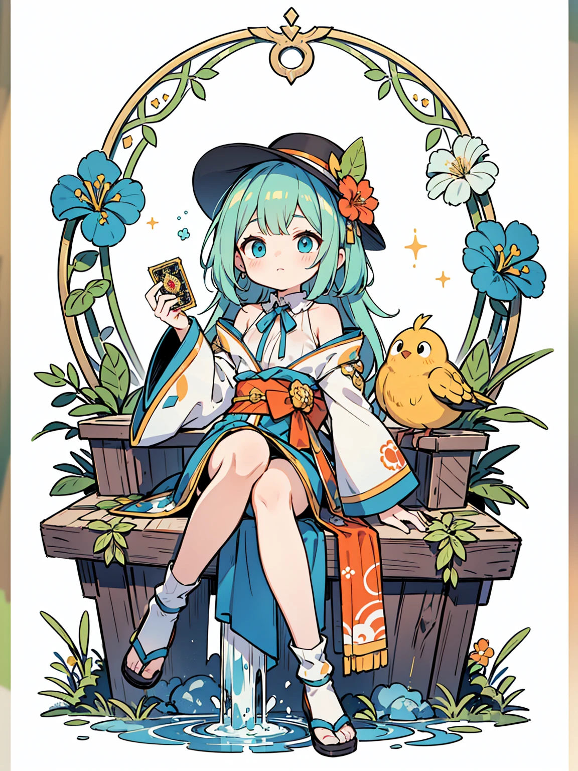 a stylized, vibrant character that appears to be from a card-based game or an anime series. The character has a youthful, whimsical appearance with big, expressive blue eyes and short, straight light blue hair with a flower hairpiece tucked into the left side. The hairpiece features a large red flower with green leaves. The character's attire is an eclectic mix of fantasy and traditional Japanese elements, with a predominance of green. They wear a green hat that matches their outfit, along with a blue and green ribbon bow tied around the neck. The clothing includes a green top with fringes at the bottom and what appears to be a long, flowing, golden sash or ribbon that cascades down from the waist. The sleeves are long and detached from the main outfit, exposing the shoulders, and have a similar fringe decoration at the ends. In the character's lap sits a plush toy, which resembles a yellow, chubby bird with big round eyes and a small orange beak. The character's legs are crossed, and they're wearing brown sandals with blue straps, which are secured over white, ankle-high tabi socks. The background is elaborate, featuring a hexagonal purple border with intricate designs, as well as flames, possibly indicating a magical or energetic essence. Surrounding the character are floating playing cards, suggesting themes of magic or fantasy. The overall feel of the image is vibrant, playful, and rich with pattern and color.