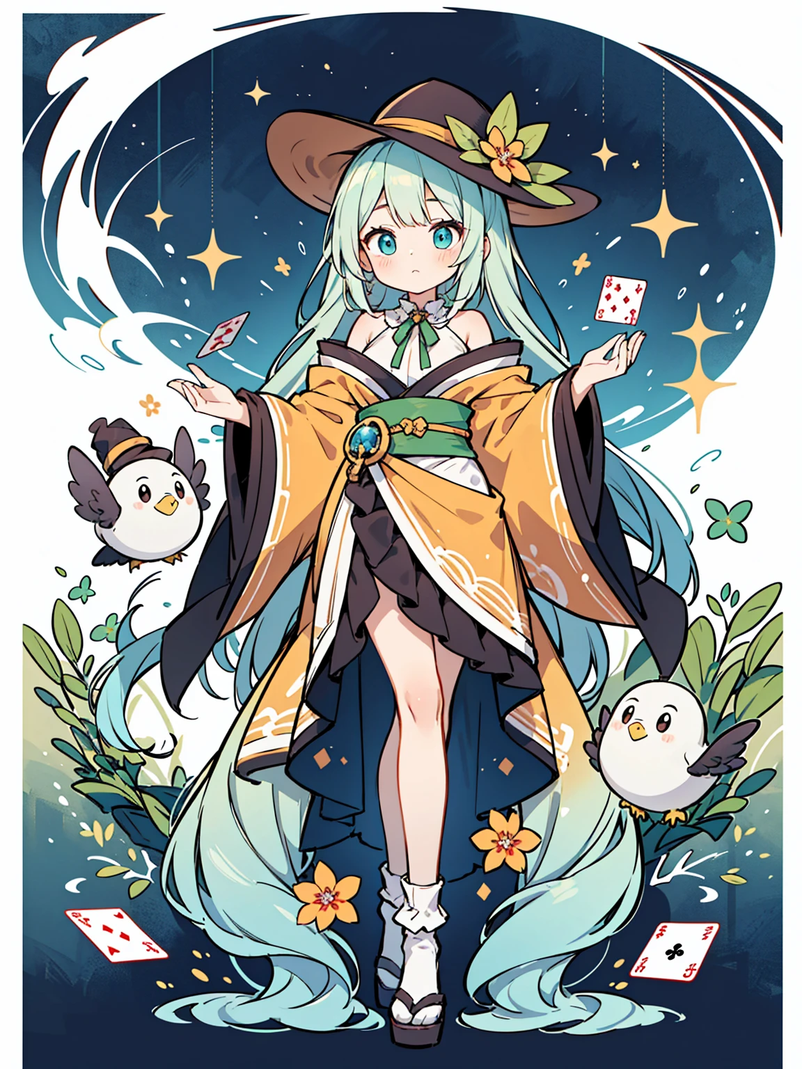 a stylized, vibrant character that appears to be from a card-based game or an anime series. The character has a youthful, whimsical appearance with big, expressive blue eyes and short, straight light blue hair with a flower hairpiece tucked into the left side. The hairpiece features a large red flower with green leaves. The character's attire is an eclectic mix of fantasy and traditional Japanese elements, with a predominance of green. They wear a green hat that matches their outfit, along with a blue and green ribbon bow tied around the neck. The clothing includes a green top with fringes at the bottom and what appears to be a long, flowing, golden sash or ribbon that cascades down from the waist. The sleeves are long and detached from the main outfit, exposing the shoulders, and have a similar fringe decoration at the ends. In the character's lap sits a plush toy, which resembles a yellow, chubby bird with big round eyes and a small orange beak. The character's legs are crossed, and they're wearing brown sandals with blue straps, which are secured over white, ankle-high tabi socks. The background is elaborate, featuring a hexagonal purple border with intricate designs, as well as flames, possibly indicating a magical or energetic essence. Surrounding the character are floating playing cards, suggesting themes of magic or fantasy. The overall feel of the image is vibrant, playful, and rich with pattern and color.