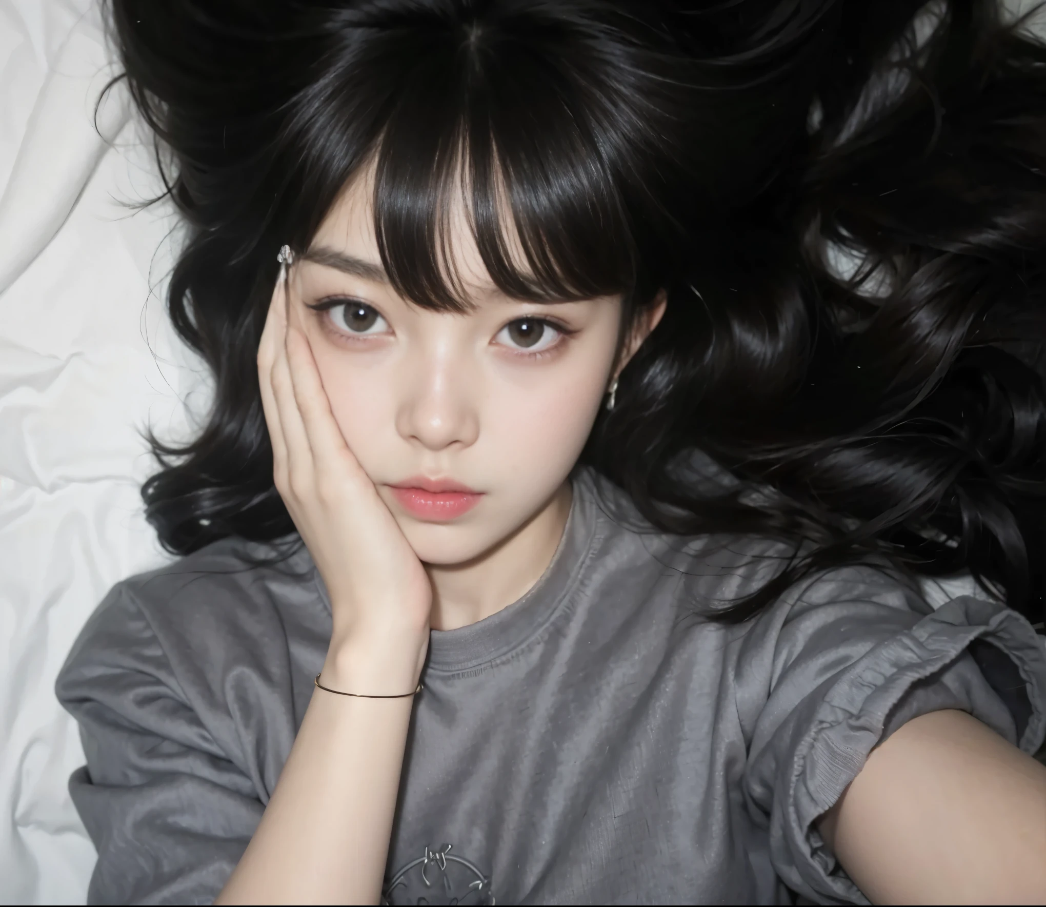 there is a woman laying on a bed with her hands on her face, cruel korean goth girl, ulzzang, anime girl in real life, china doll face, sakimichan, beautiful japanese girls face, korean girl, the face of absurdly beautiful, black hair and large eyes, she has black hair with bangs, with long hair and piercing eyes