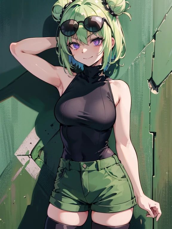 (highres), (best quality), (detailed) 1 girl, alone, medium hair, pastel green hair, twin buns, evil smile, violet eyes, round black sunglasses on head, black sleeveless turtleneck top, green shorts, dark brown boots, day time, abandoned place, wall, provoking pose