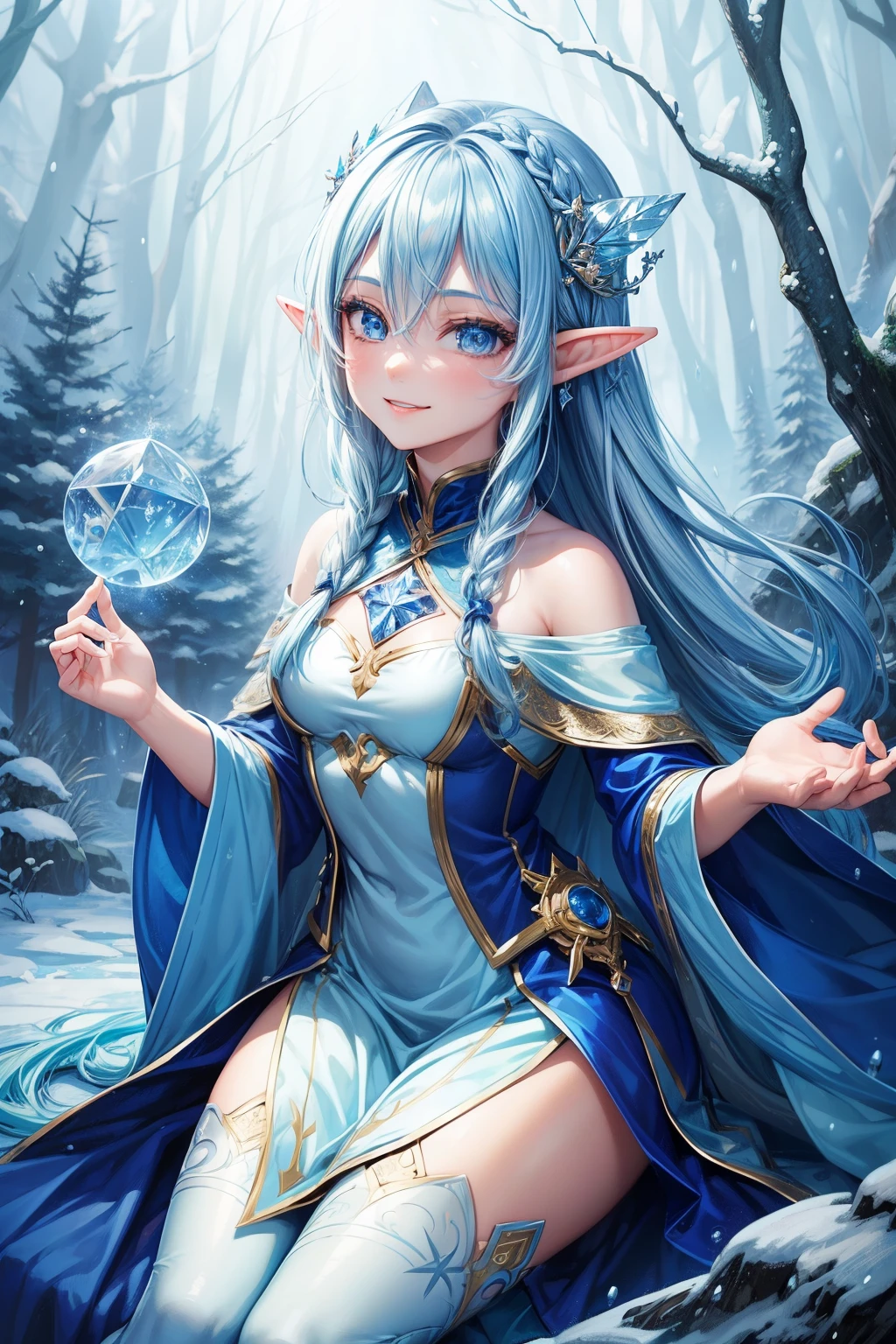 1girl, ((high quality)),((masterpiece)), elf , blue light skin , Avatar girl,blue hair, forest, fairy, cute,sexy, smile,Frozen vibe,ice ,🪻,🌧️,☄️,