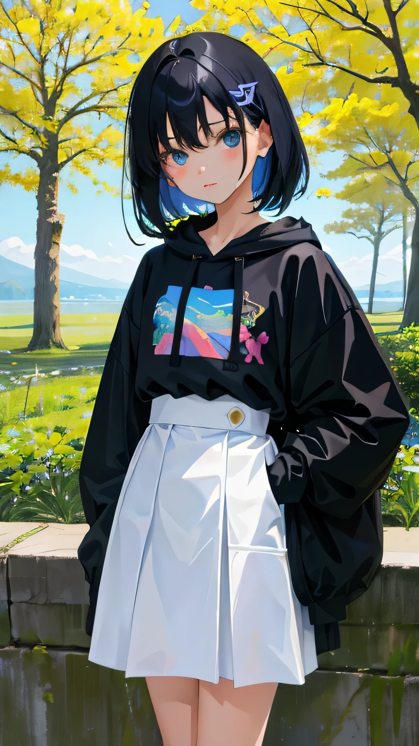 (short cute girl，small young student，young delicate girl）,（masterpiece，Top quality)，Pastel hoodies，skirt，long black hair, sea of trees
