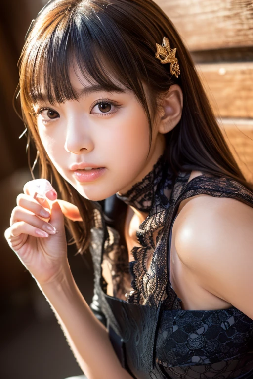 master piece,highest quality,official art,Highly detailed CG Unity 8K wallpaper,Japan Female Students,18 year old girl,very delicate and beautiful,超A high resolution,(Realistic:1.4),golden hour lighting,(platinum short hair:1.5),(puffy eyes),tear bag、looking at the viewer,facing the front,smile,(A sexy dress with plenty of black lace:1.3),beautiful woman、Beautiful and sexy body shape、(european castle:1.5), Close-up, master piece, best quality, RAW photography, Realistic, (Japanese idol-like cute face:1.2), incredibly absurd solution, Buatigal, Depth of the bounds written, High resolution, super detailed, small details, very detailed, highly detailed eyes and face, sharp pupils, Realisticな生徒, fix a sharp focus, cinematic lighting、((pout))、sexy pose、gravure pose、From above、off shoulder、((Pinch the hem with your hands and pull it up:1.3))、wrinkles between the eyebrows、Photograph from the knee up、garter belt