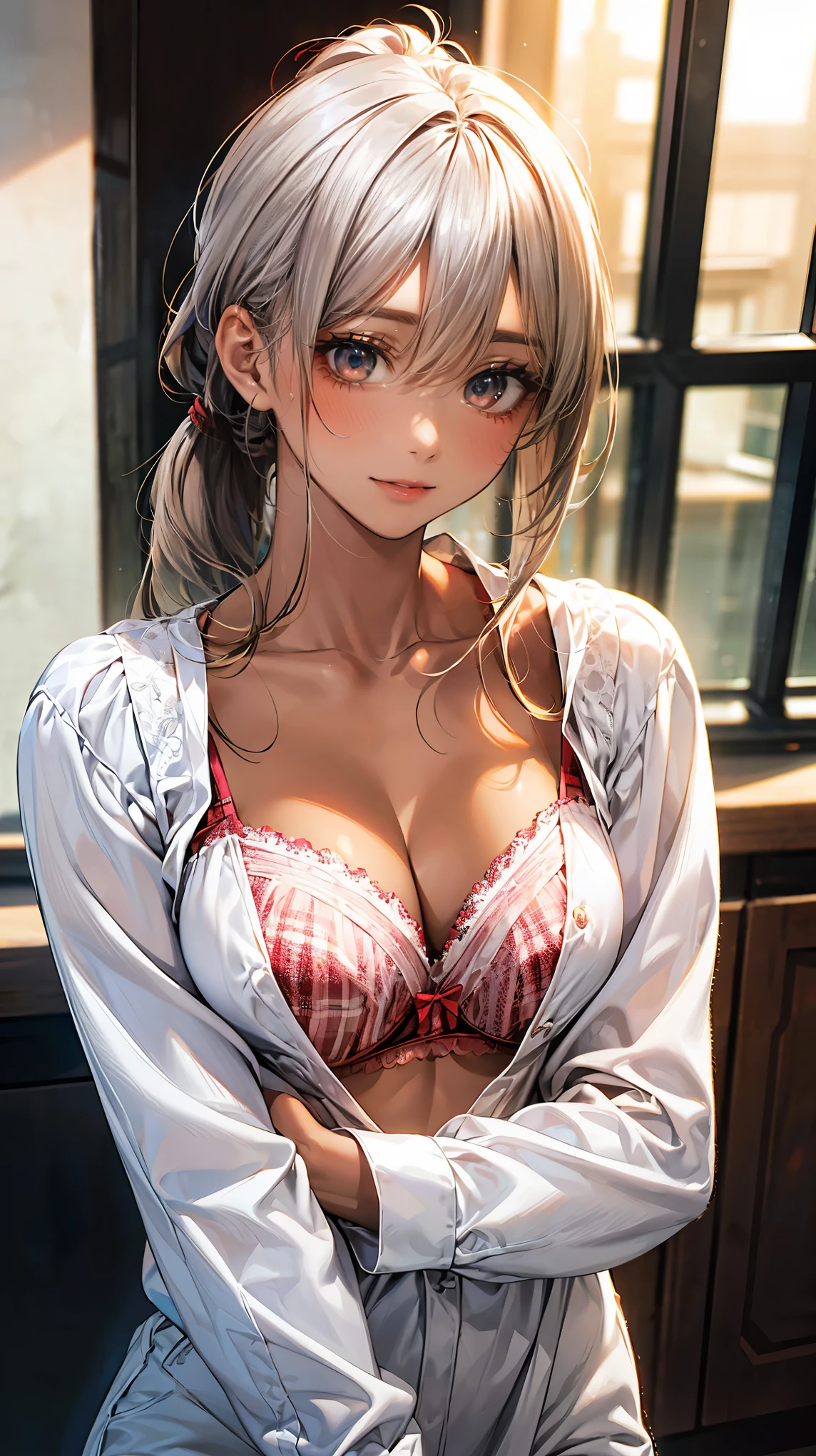 (masterpiece:1.2, highest quality), (realistic, photorealistic:1.4), beautiful illustrations, (natural side lighting, movie lighting), looking at the viewer, Upper body, (Front view), 1 girl, perfect face, Cute symmetrical face, shiny skin, baby face, long eyelashes, (medium breasts), (wide hips),beautiful hair, beautiful face, fine and beautiful eyes, beautiful body, beautiful breasts, beautiful thighs, beautiful feet, beautiful fingers,(beautiful scenery),(cute smile:1.2, upper grade),female, apron, blurry, blurry background, blurry foreground, blush,hair between eyes, indoors, jewelr, long sleeve, White blouse,( white denim), (cute gley checked bra), silver hair, ponytail, (red eyes:1.5), (brown skin: 1.5),clavicle,cleavage,