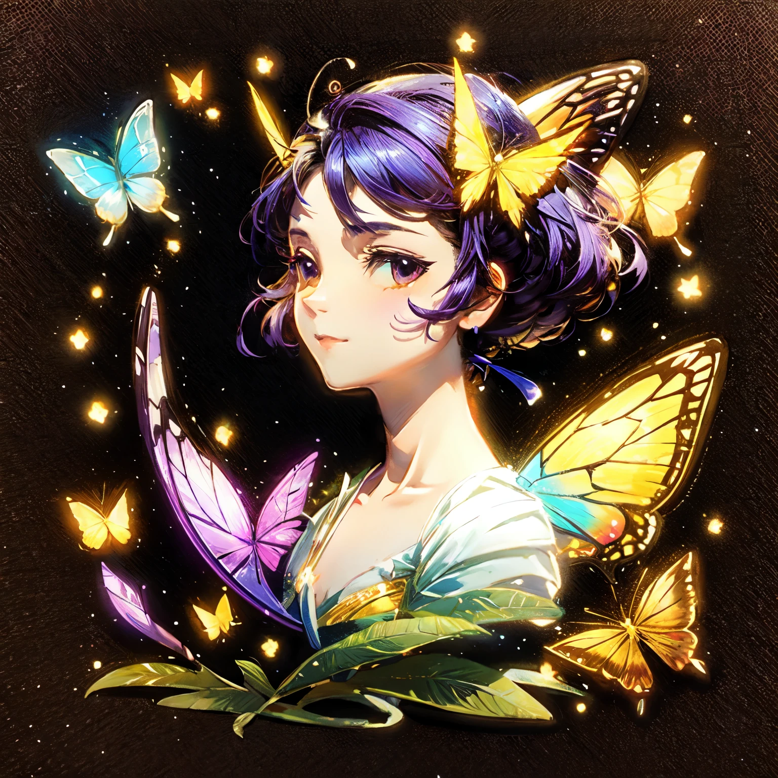 Butterfly, white background, neon butterfly, sticker, purple butterfly, graceful butterfly, glass butterfly, exquisite butterfly, brush object, art supplies. The background is a brush, a butterfly sits on a paintbrush.
