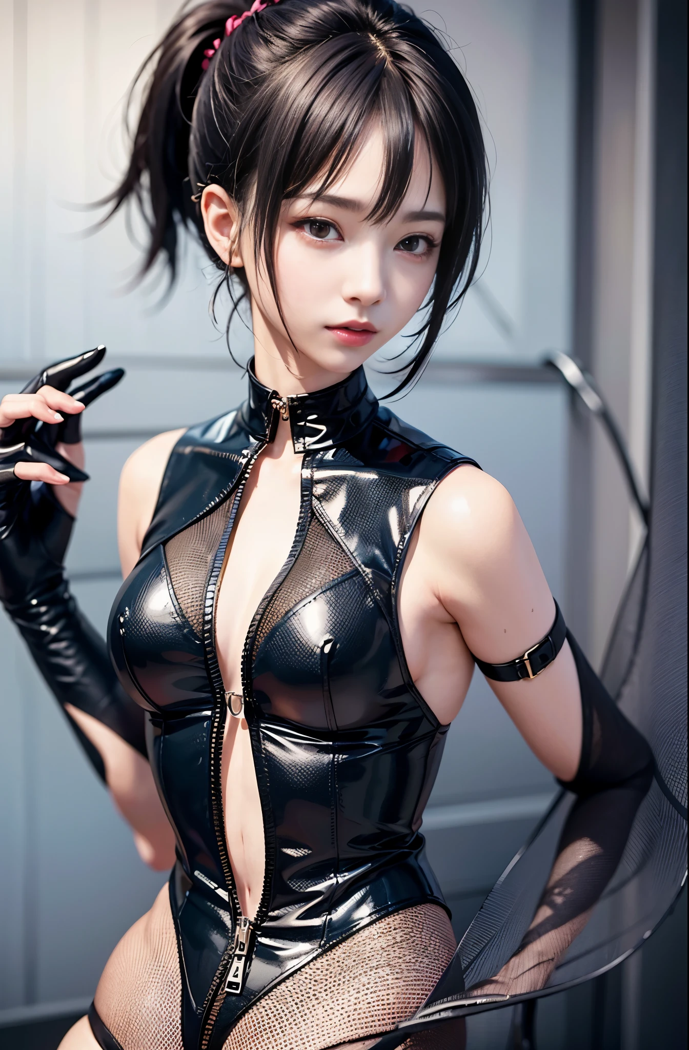 独奏、ultra fine photos、Portrait Unreal Engine 5 8K UHD Skin Tight Black Latex Costume、slick black catsuit、black iconic character、smooth black skin、Black body、PVC、some black、futuristic glossy latex suit、rubbersuit、rubber belts、collars、rubber glove、rubber high boots、arm and leg cuffs、lanyard、top-quality、masterpiece、 Official art、统一 8k 壁纸、ultra-detailliert、foco nítido、dynamicposes、Parts of the body、No extra limbs、precisely anatomy、((Curly hair in braids、Bun1))、top-quality、masterpiece、ultra-detailliert、foco nítido、dynamicposes、ultra fine photos、(((facial close-up)))、