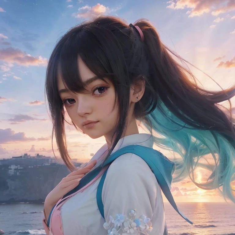 (2D anime beautiful girl), ((masuster piece, Best Quality, Ultra-high definition)), ((Background scene near future)),
A breathtakingly beautiful 2D anime girl is depicted in the foreground, her radiant countenance a blend of delicate features and enchanting allure. Behind her lies a captivating background scene from the near future.
The colors cascade like a symphony of hues, transitioning seamlessly from soft pastels to bold neon tones. Skyward, the horizon is illuminated by a spectacular sunset, its warm, ethereal glow suffusing the landscape with a sense of wonder.
In the midground, futur