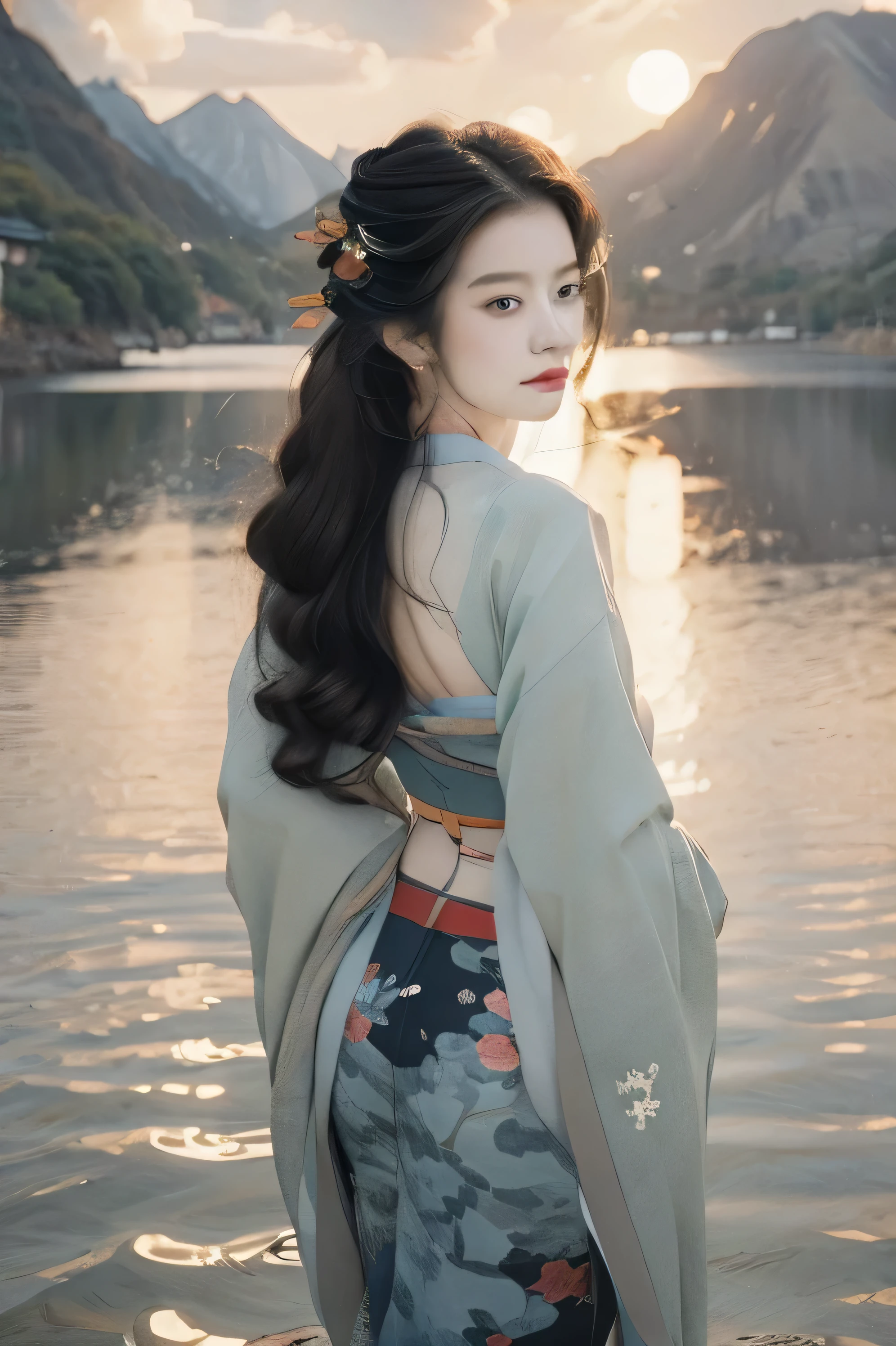 Asuna,masterpiece,(best quality,4k,8k,highres,masterpiece:1.2),ultra-detailed,(realistic,photorealistic,photo-realistic:1.37),alone,Detailed golden eyes,long hair,permanent,close to the audience,(Detailed Kimono),faint smile,medium breasts,(Put your arms behind your back),water,Sunset,(hair accessory),(flourishing sakura),Snowy mountains and lake in the background