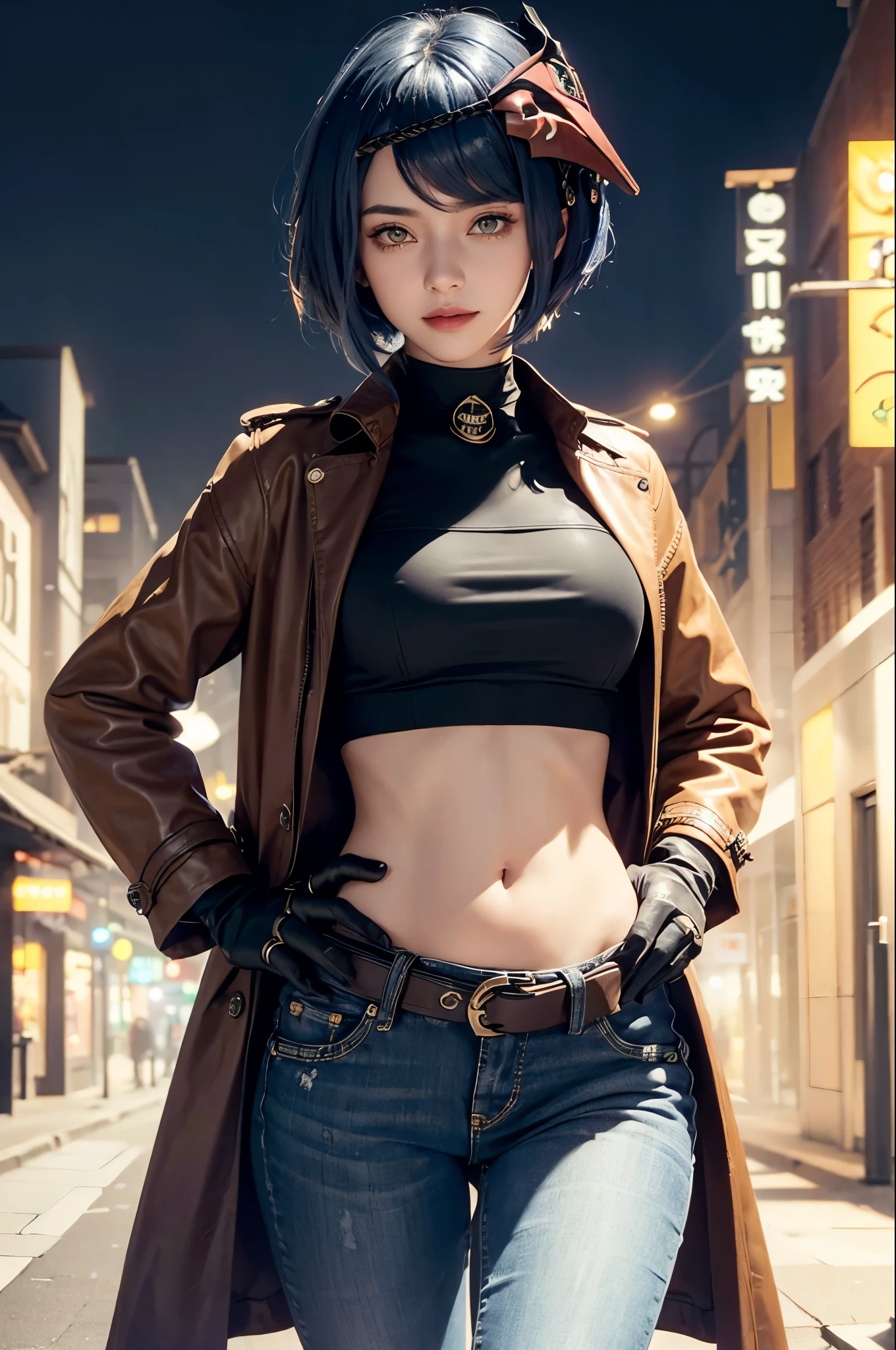 (long leather trench coat, long skinny jeans, iron belt), ((midriff, navel)), smile, looking at viewer, night city boulevard, standing, (cinematic lighting, best quality, masterpiece, high details, best quality, highres, HD, 4K, 8k, super detail), best quality, masterpiece, (kujou sara:1.3 mask on head, blue hair, short hair, yellow eyes, gloves)