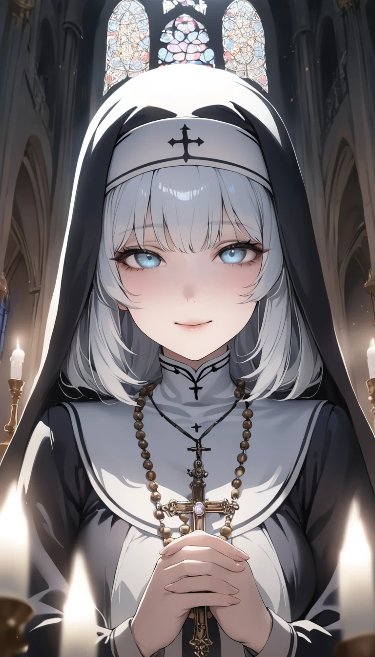 A nun,(best quality,highres:1.2), photorealistic portrait,lighted by soft candlelight, wearing a traditional black and white habit, holding a rosary in her hands, surrounded by an aura of peace and serenity, with a gentle smile on her face, looking directly at the viewer, standing in a grand cathedral, filled with stained glass windows and intricate architectural details, creating a sacred atmosphere.