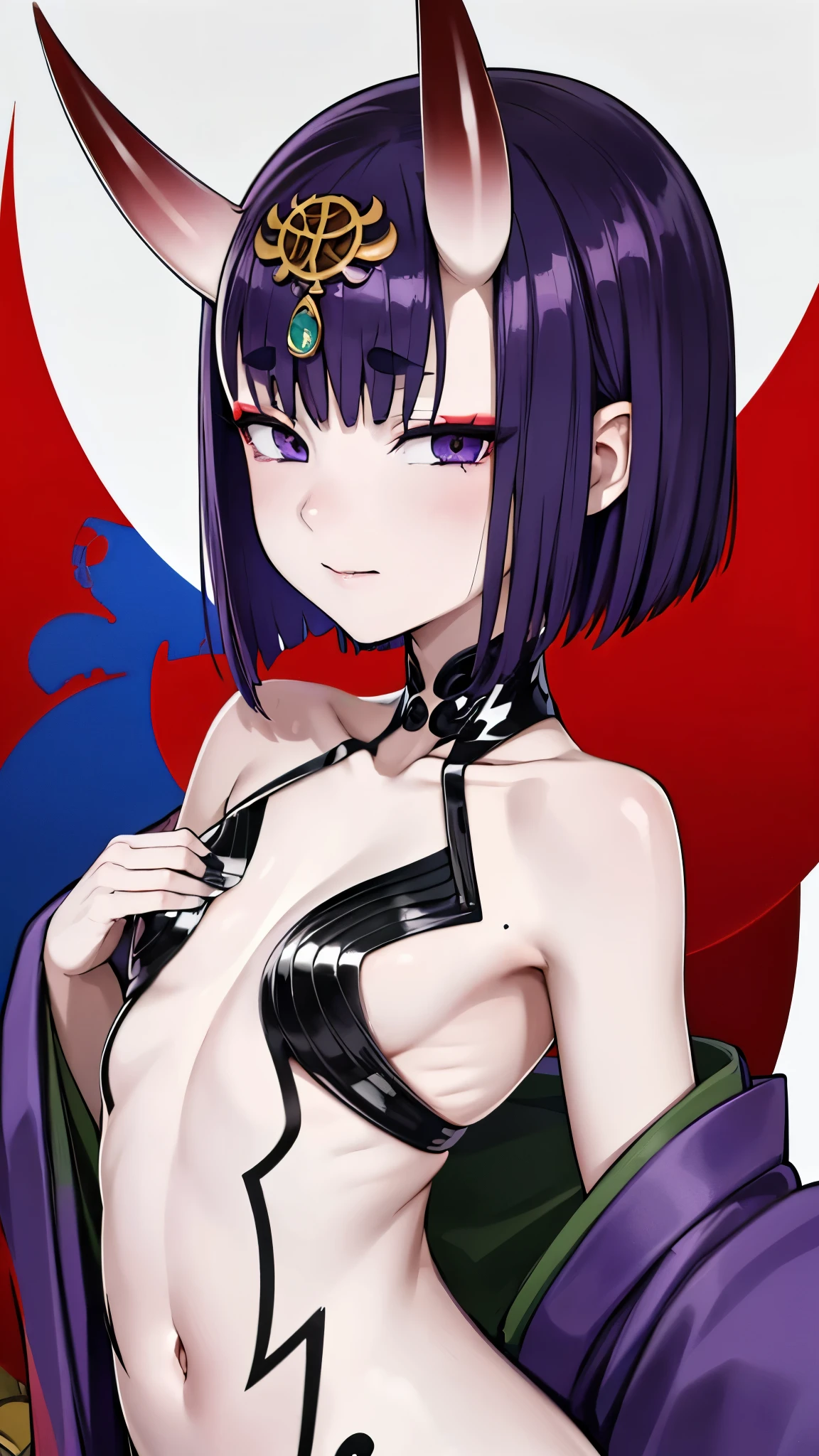 Shuten Douji,(absurderes, 8K, 4K, masutepiece, hyper extreme detailed:1.2), Best Quality, Perfect Anatomy,Perfect face,NSFW,young girl,purple eyes,facing forward,short hair,purple hair,(demon horn:1.1),purple kimono,(very flat chests:1.3),in the forest,Cherry tree,shrine