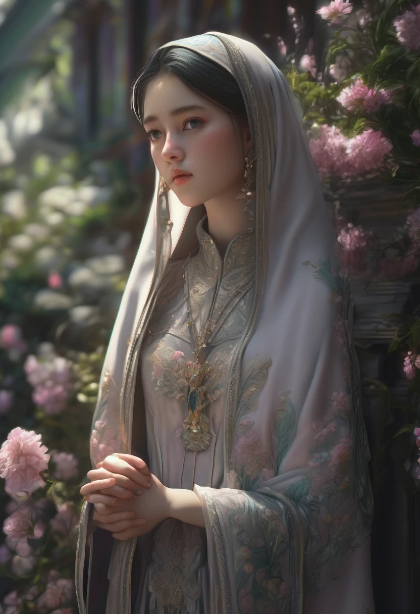 1girl, nun, dark robes, holy cross, serene expression, peaceful garden, soft sunlight, quiet atmosphere, sacred surroundings, (best quality, 4k, 8k, highres, masterpiece:1.2), ultra-detailed, painting-like, soft pastel colors, gentle lighting, aesthetic