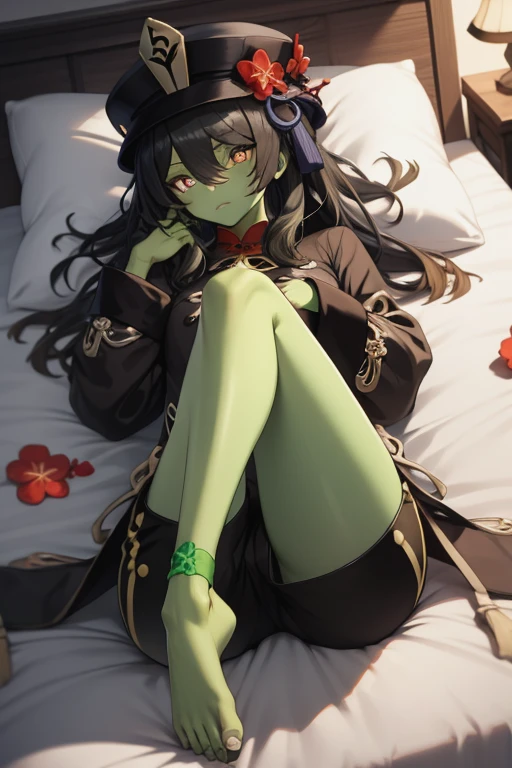 masterpiece, best quality, Walnut V4,a girl,black hair,zombification,alone,Symbol shaped pupils, flower-shaped pupil, green skin,colored skin,green skin,long sleeve,thigh, green skin,shorts, green skin,black hat, Chinese clothes, green skin,黑色shorts, black hair,green skin,barefoot,green skin,Lying in bed