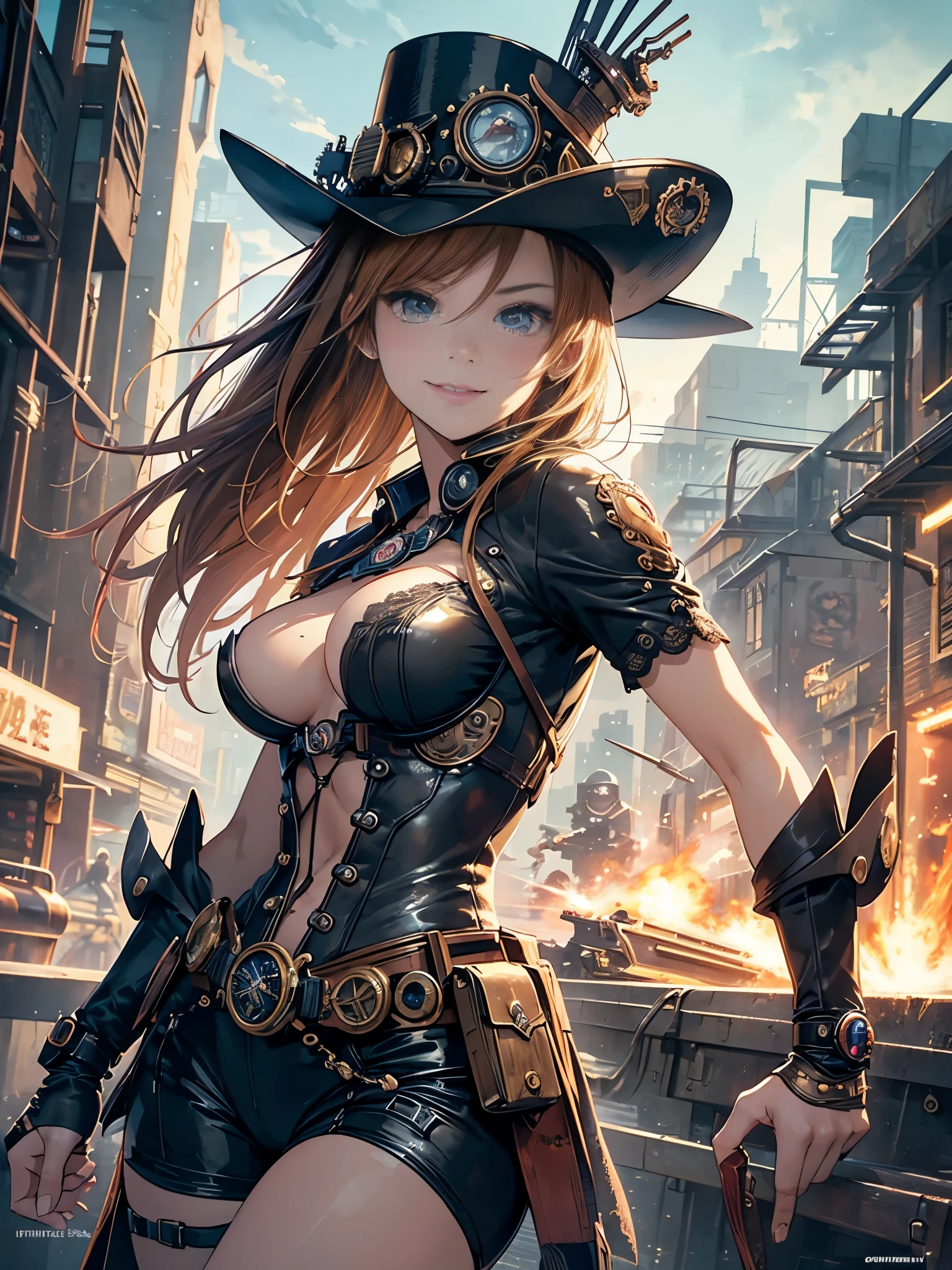 (comic book style),(line drawing_anime),(cowboy shot,dynamic pose,Low - Angle, highest quality, ),(Laura Budd Photos:1.2),(Laura Add Details:1.0),8K, flat color:0.8,1 girl,smile、(Highly decorative and complex mechanical steampunk fashion, lace flare dolphin hat、goggles 1.5、machinery background、Gear background、Intricately mechanized steampunk cityscape 1.5),