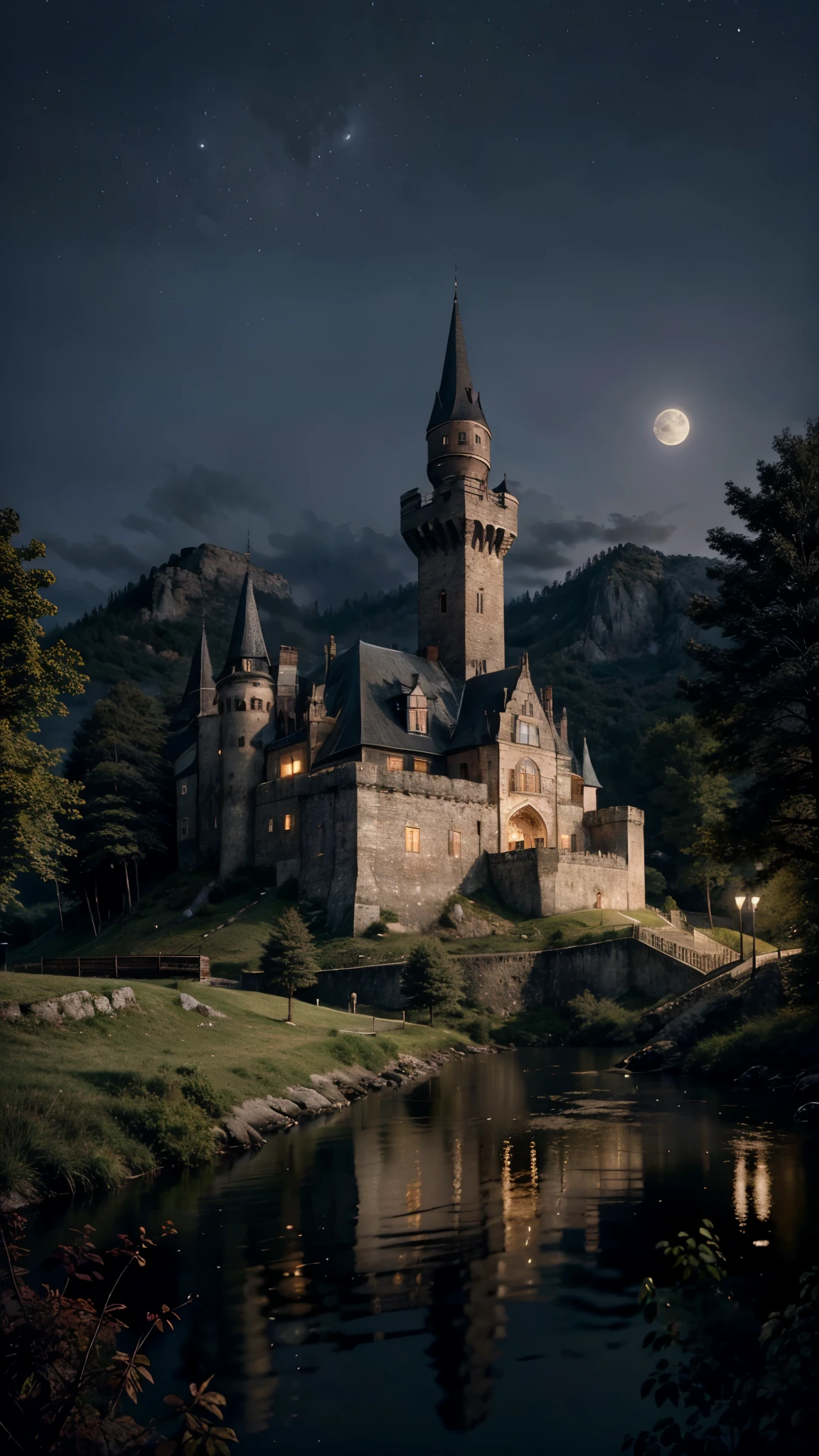 a castle sitting on the mountain surrounding by the trees, foggy, dark night, moon and clear sky, (masterpiece),((ultra-detailed)), (highly detailed CG illustration),(expressionless), (best quality:1.2), High quality texture, intricate details, detailed texture, High quality shadow,