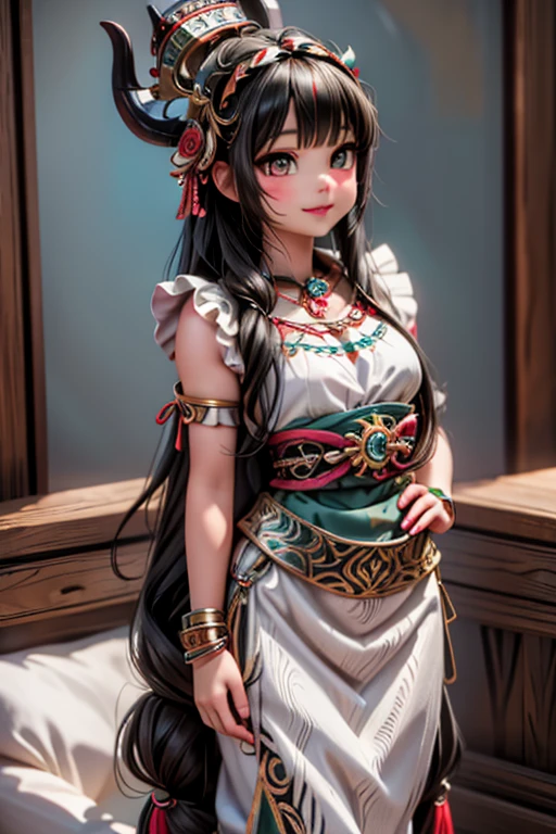 a cute mexican horned serpent goddess, mexican ethnic, mexican prehispanic clothing, aztec ceremonial dress