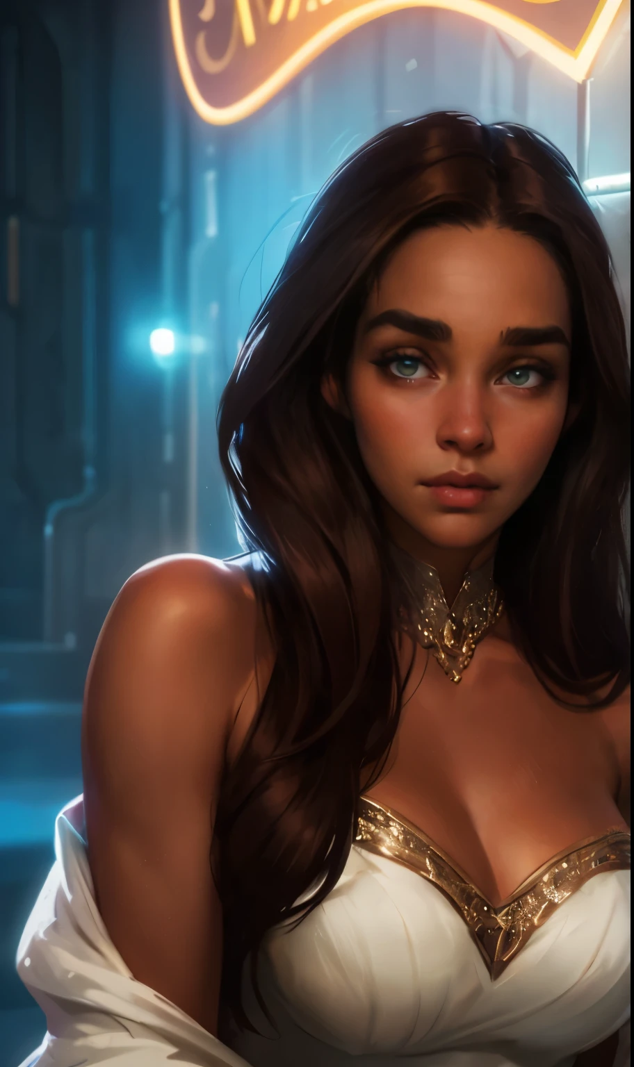 NSFW Neon, Retro, fantasy, girl, sweet face, with long brown hair, dark skin, in a light open white dress with a low neckline on the chest with diamonds on the fabric with open shoulders, expressive breasts, gorgeous, face looks like Emilia Clarke, 8K, HD