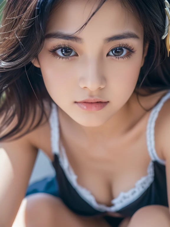 ((highest quality, 8K, masterpiece: 1.3)), beauty, hide your face, 1 girl, beautiful: 1.3, thin abs: 1.1, camisole, cleavage, black hair short , (While sitting on the bed), super detailed face, highly detailed lips, fine eyes, double eyelid