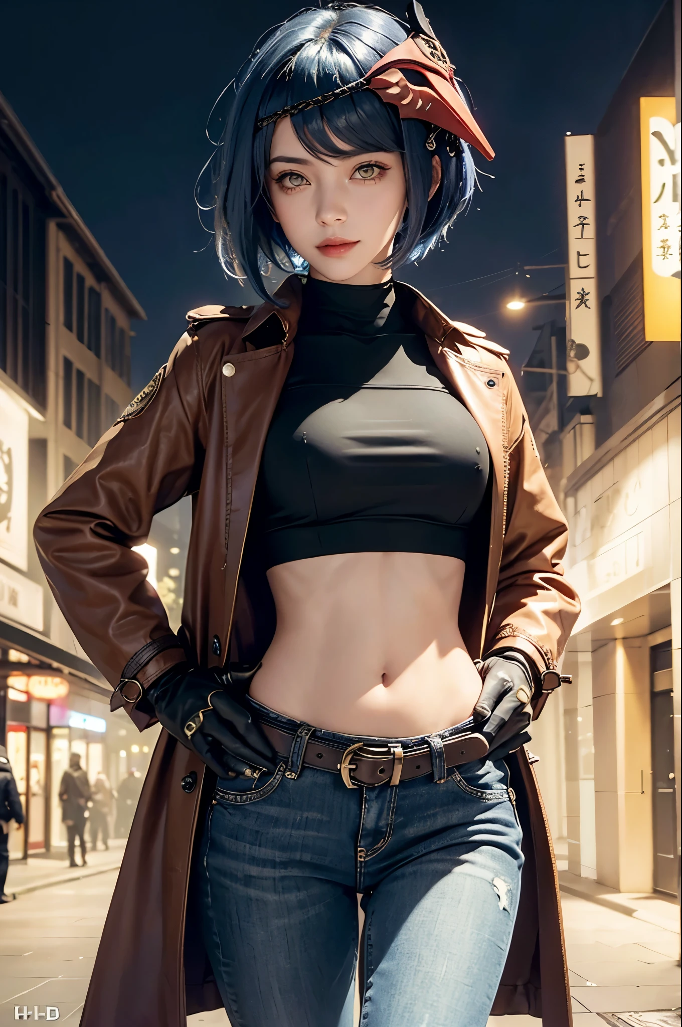 (long leather trench coat, long skinny jeans, iron belt), ((midriff, navel)), smile, looking at viewer, night city boulevard, standing, (cinematic lighting, best quality, masterpiece, high details, best quality, highres, HD, 4K, 8k, super detail), best quality, masterpiece, (kujou sara:1.3 mask on head, blue hair, short hair, yellow eyes, gloves)