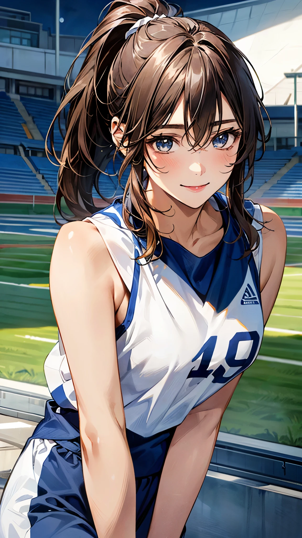 (masterpiece:1.2, highest quality, ultra high resolution, super detailed), (realistic, photorealistic:1.4), beautiful illustrations, (natural side lighting, movie lighting), Depth of the bounds written, fine cloth texture,
looking at the viewer, bust photo, 1 girl, high school girl, perfect face, (perfect anatomy), Cute symmetrical face, , shiny skin, tanned skin,
(middle hair:1.5, ponytail:1.4, messy hair, brown hair), hair between eyes, dark blue eyes, big, droopy eyes, long eyelash, (medium breasts:1.1),
beautiful hair, beautiful face, detailed and beautiful eyes, beautiful clavicle, beautiful body, beautiful breasts, beautiful thighs, beautiful feet, beautiful fingers,
(fine cloth texture, navy truck uniform:1.2, abdomen:1.1),
(beautiful scenery), Summer day, evening, (athletics stadium) (running form:1.3), (smile),