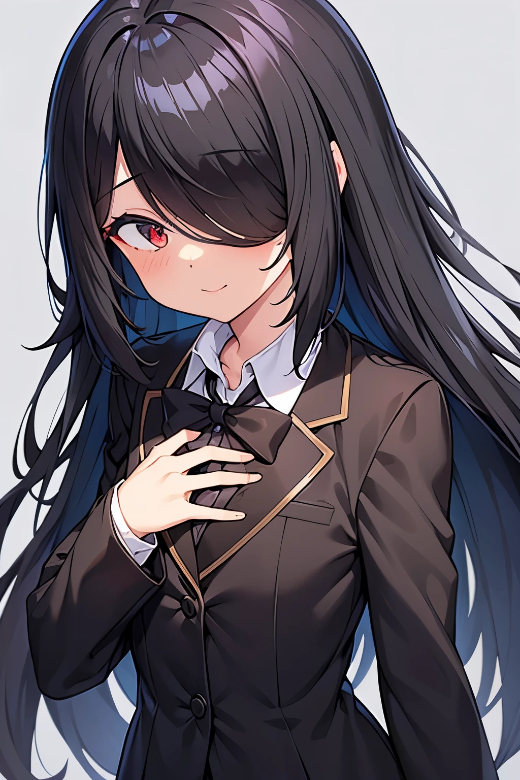 1 girl, black hair, (black school uniform)formal, Ghost, Ghost hair, hair above one eye, long hair, (one eye covered) Indiana Breath, Close-up Boy、flat chest