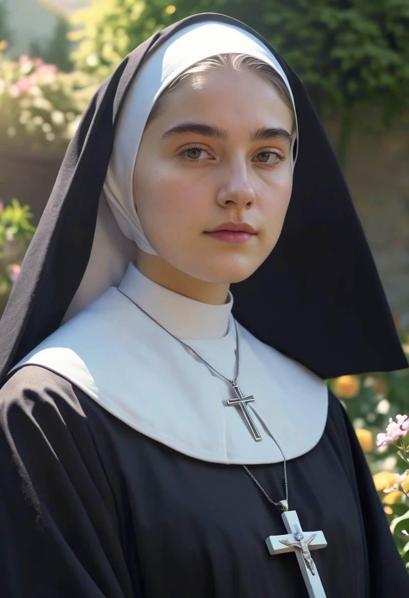 1girl, nun, dark robes, holy cross, serene expression, peaceful garden, soft sunlight, quiet atmosphere, sacred surroundings, (best quality, 4k, 8k, highres, masterpiece:1.2), ultra-detailed, painting-like, soft pastel colors, gentle lighting, aesthetic