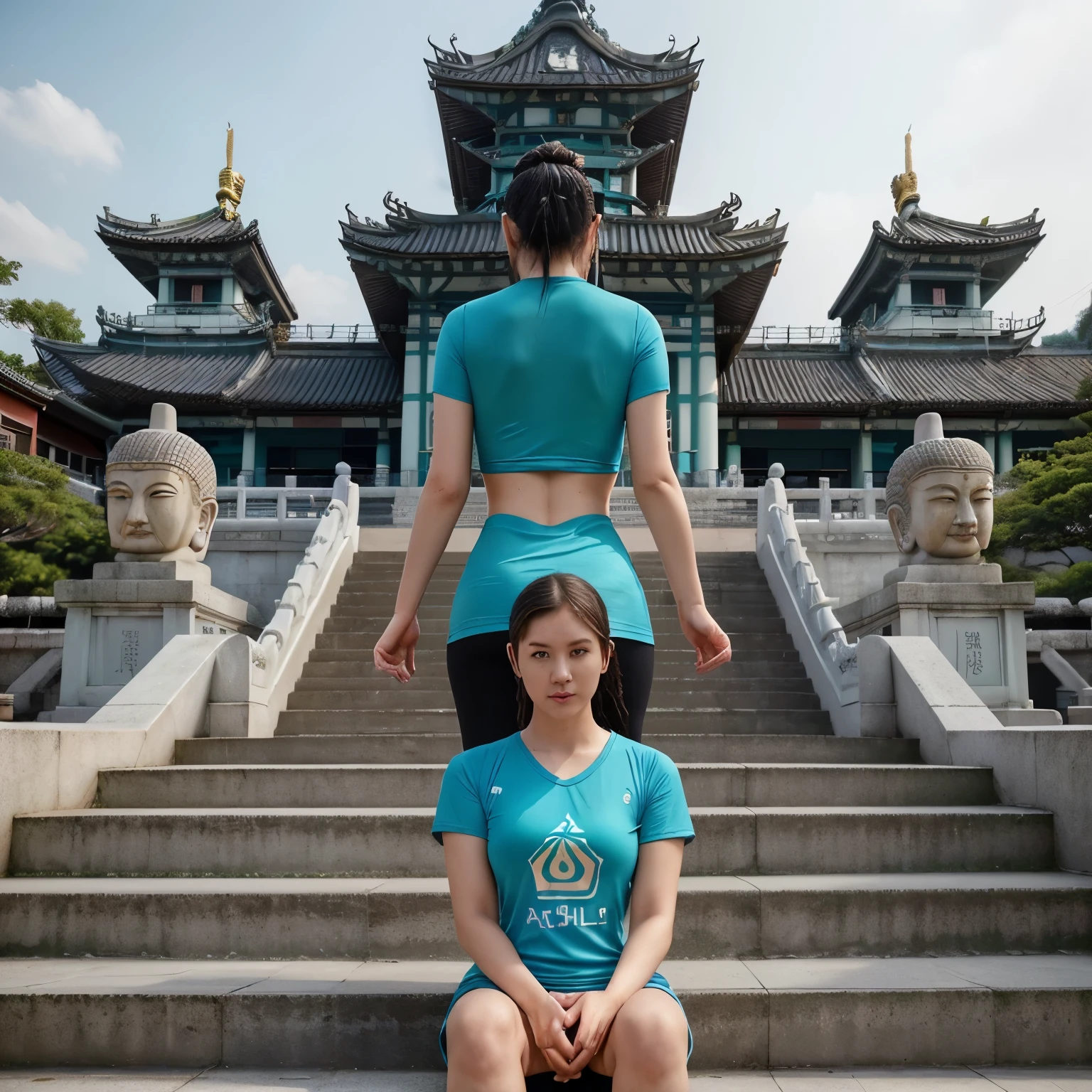 a woman sitting on steps in front of a statue, weibo, sport t-shirt, pexels contest winner, standing in a buddhist temple, standing with her back to us, teal tunic, tshirt!!, twitch streamer, travel in time, story, 155 cm tall, promotional, bcy. net, tia masic, support