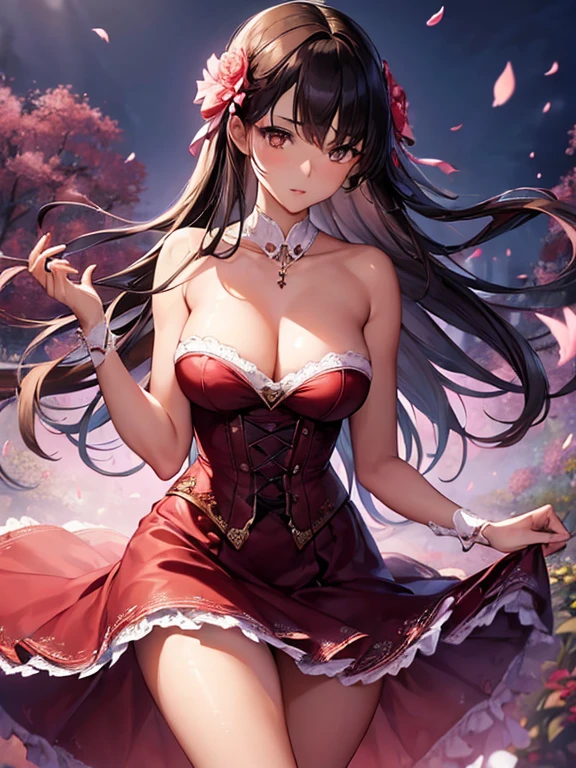 (a girl:1.5), lace, ribbon, (masterpiece, side lighting, exquisitely beautiful reddish-brown eyes:1.2), large breasts, realistic, glowing eyes, shiny hair, black hair, long flowing hair, glossy skin, alone, awkward, strapless, exquisite, embellished, garden, flowers, fluttering petals, bare legs, cherry blossoms, cinematic lighting, cinematic composition, rich expression, 40 denier dark skin tone stockings