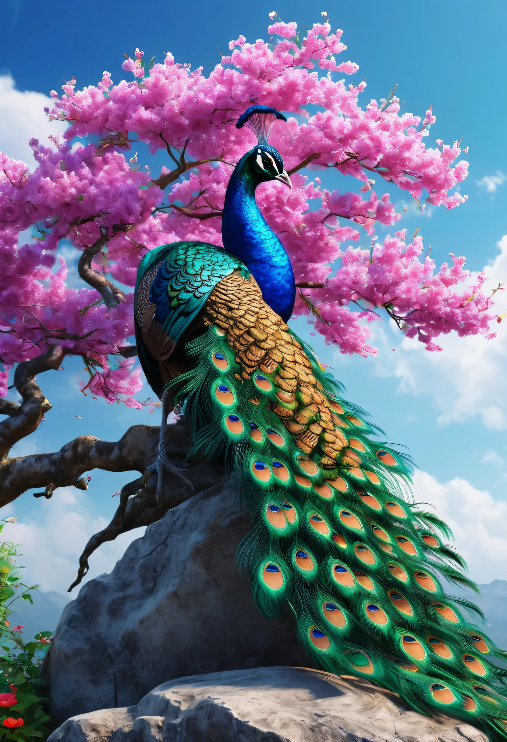 Flowers and trees々A peacock standing on a rock with the sky as a background, beautiful digital artwork, 4k highly detailed digital art, 8K high quality detailed art, highly detailed digital art, highly detailed digital paintings, Beautiful art UHD 4K, highly detailed digital artwork, highly detailed digital paintings, Highly detailed art in 4K, beautiful digital art, 8K Highly Detailed Art