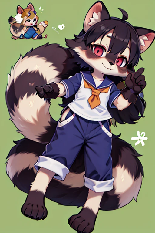 raccoon dog, Furry, beastman, animal hair, tail, sailor suit, short sleeve, Jersey pants, long pants, gloves, barefoot