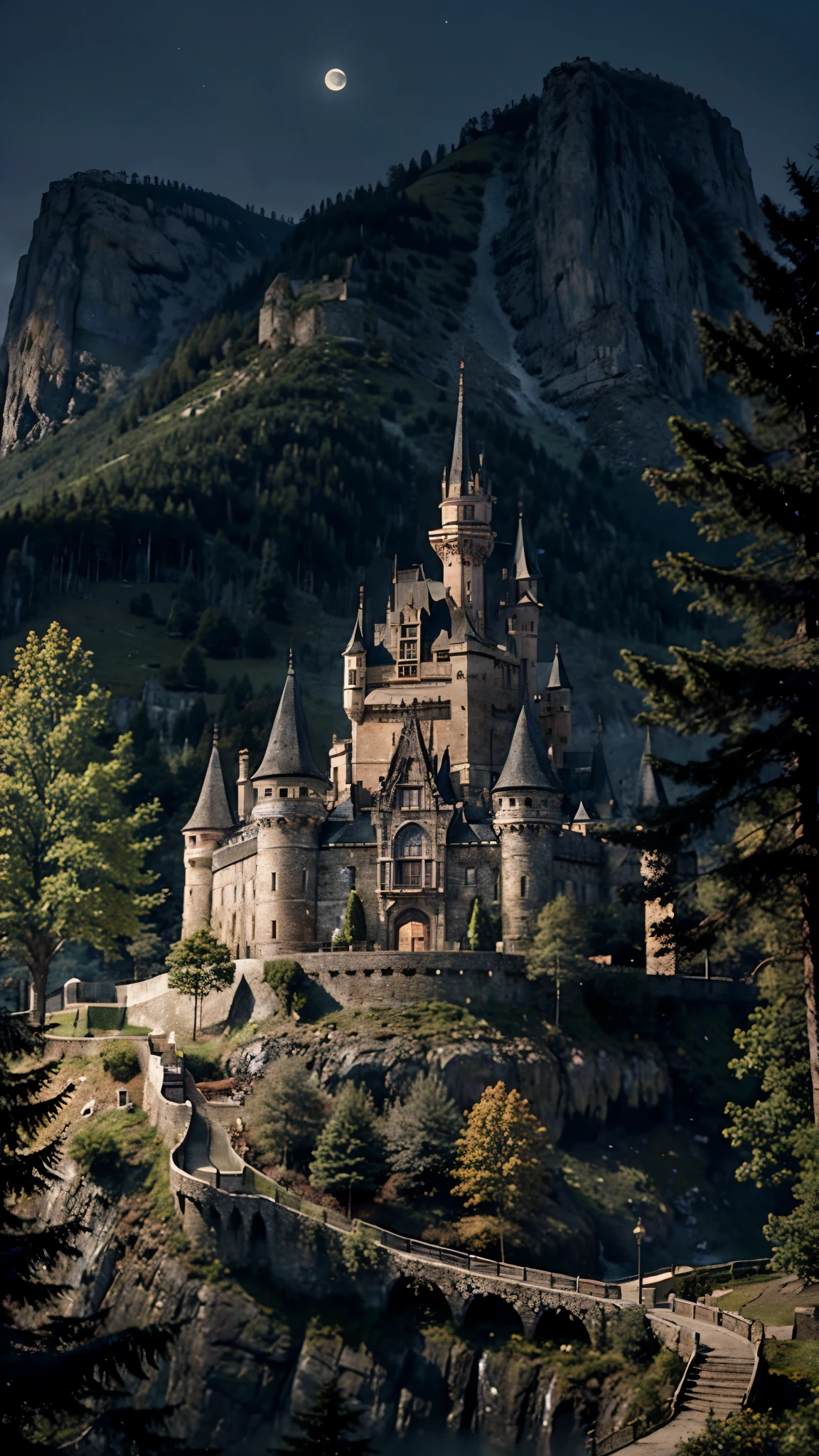 a castle sitting on the mountain surrounding by the trees, foggy, dark night, moon and clear sky, (masterpiece),((ultra-detailed)), (highly detailed CG illustration),(expressionless), (best quality:1.2), High quality texture, intricate details, detailed texture, High quality shadow, 