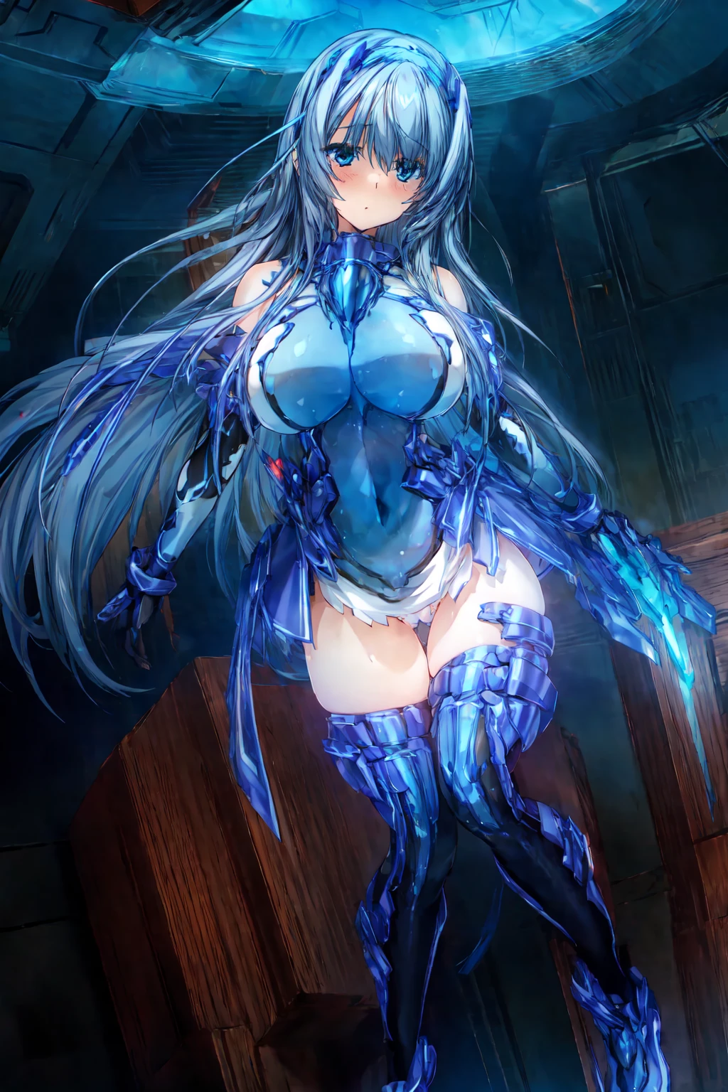 masterpiece, highest quality, anime style,Official Art Beautiful Lighting, 1 girl, bangs, Inside the futuristic base, whole body, blue and white costume,