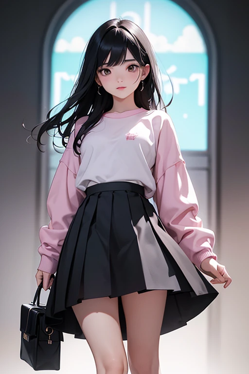 (Obra maestra:1.2), Mejor calidad, (illustration:1.2), (ultra detallado), hiper detalles, (delicado detallado), (detalles intrincados), (cinematic light, Mejor calidad Backlights), Delete line, solista, Cuerpo perfecto, (1 chica), Anime style of a young teenager, she is dressed a pink pastel sweatshirt, goth black skirt, with black hair full body, (constituir), alto contraste, (mejor iluminacion, un extremadamente creado y hermoso), (cinematic light), vistoso,