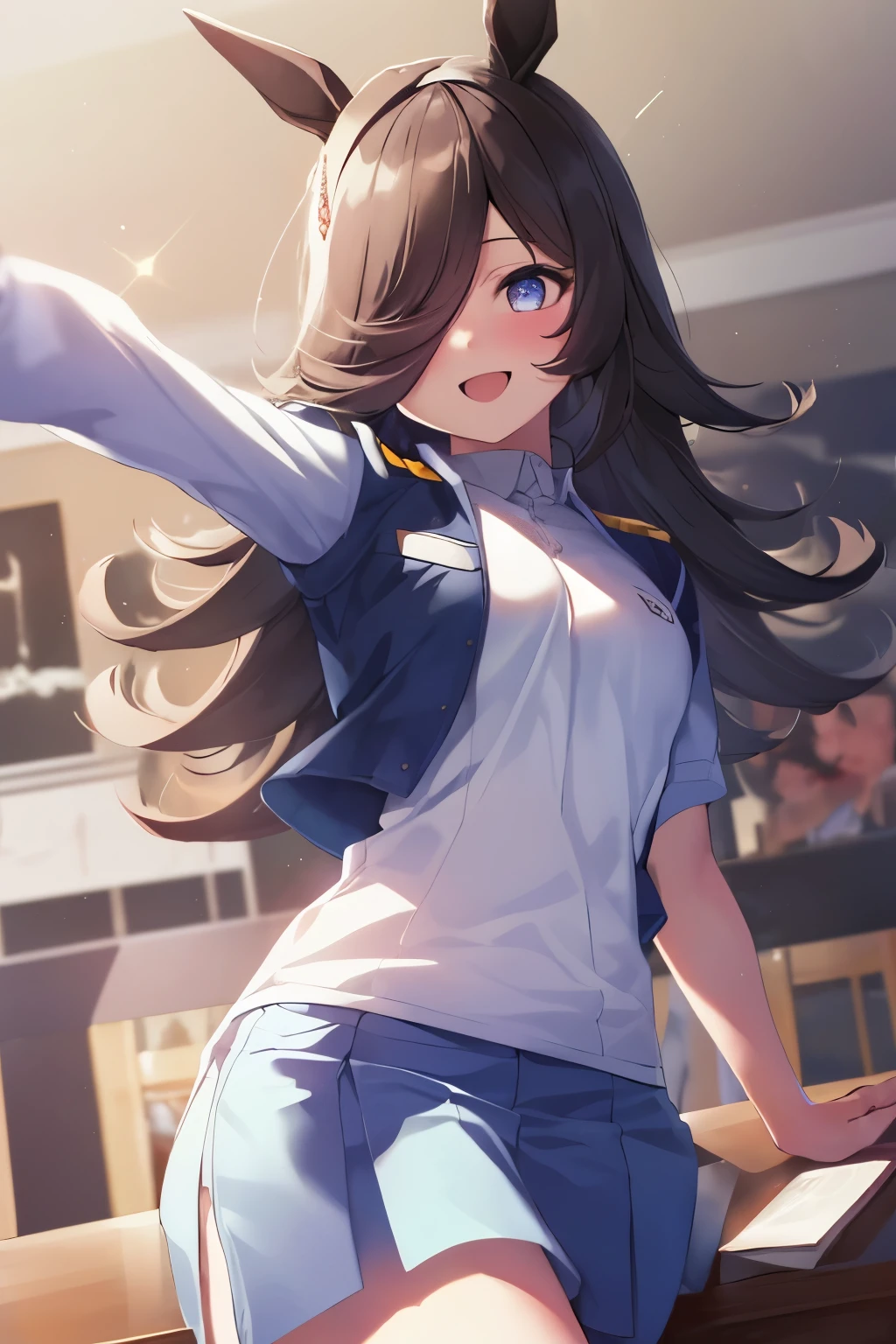 (table top.highest quality).(dynamic angle). (CG painting with very impressive details),(perfect image)、comic strip.shape.1 girl.detailed face、perfect face.delicate face、A girl in a delicate uniform、rough skin、black hair.length、(Umamimi Girl)Umamimi Girl、((beautiful blue eyes)).delicate and beautiful eyes、fine eyes、reflected eyes、smile.(look at the audience:1.3).(face is a little red:0.8)、8k wallpaper、cowboy shot、reflected light、most detailed、Complex、delicate background、rough skin、fine skin、(super resolution)、wearing a uniform