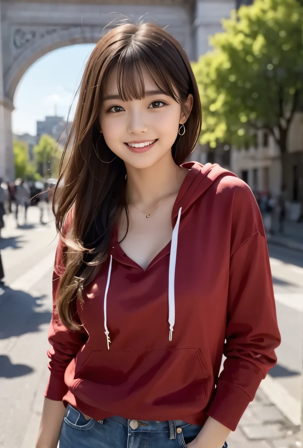 (masterpiece, best quality:1.1), (8k, raw photo, photo realistic:1.2, f22), (shiny skin), detailed skin, detailed face, smile,detailed eyes,long hair, BREAK, real world, intricate details, smil, BREAK, 1girl, (red hoodie), BREAK, (triumphal arch:1.4), BREAK