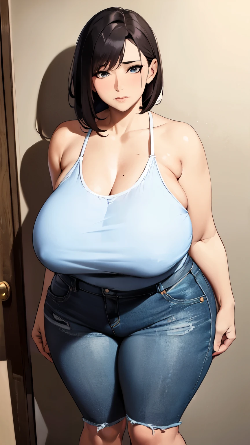 huge breasts, big hips, Tank top, denim shorts, full body shot, Mature mother, Whipping the lower body, plump thighs, calf, bewitching mature woman, perfect body, plus size model,