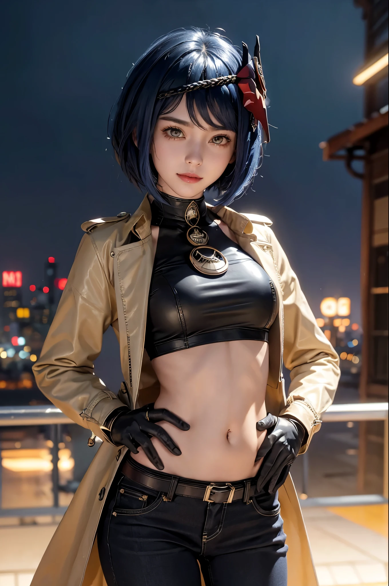 (long leather trench coat, long skinny jeans, iron belt), ((midriff, navel)), smile, looking at viewer, night city boulevard, standing, (cinematic lighting, best quality, masterpiece, high details, best quality, highres, HD, 4K, 8k, super detail), best quality, masterpiece, (kujou sara:1.3 mask on head, blue hair, short hair, yellow eyes, gloves)