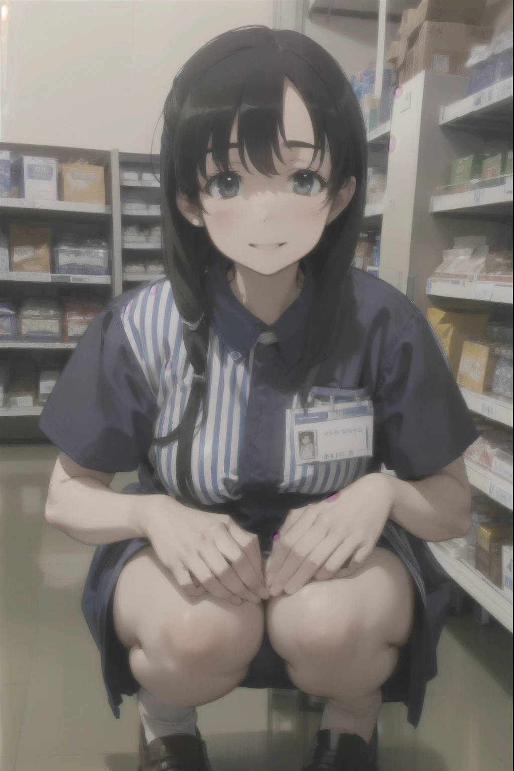 ((masterpiece)), ((best quality)), (ultra-detailed), ((extremely detailed)), 4K, (8K), best quality,1girl, ((((perfect anatomy)))), (((((five fingers))))), (((((beautiful detailed eyes))))), (((world-class quality))), realistic, extremely detailed, high resolution, (((detailed shaded pretty face))), ((((house wife)))), solo, (((sagging breasts))), ((glowing detailed skin and hair)), white-skinned, ((((gleaming skin)))), , huge ass, huge breast, happy smile, (baby face), half updo, ((wearing right half blue and white striped and left half blue shirt)), name tag, (well-fleshed), potbelly, Thick thighs, blue and white striped pocket, jeans. Inside the store, squatting
