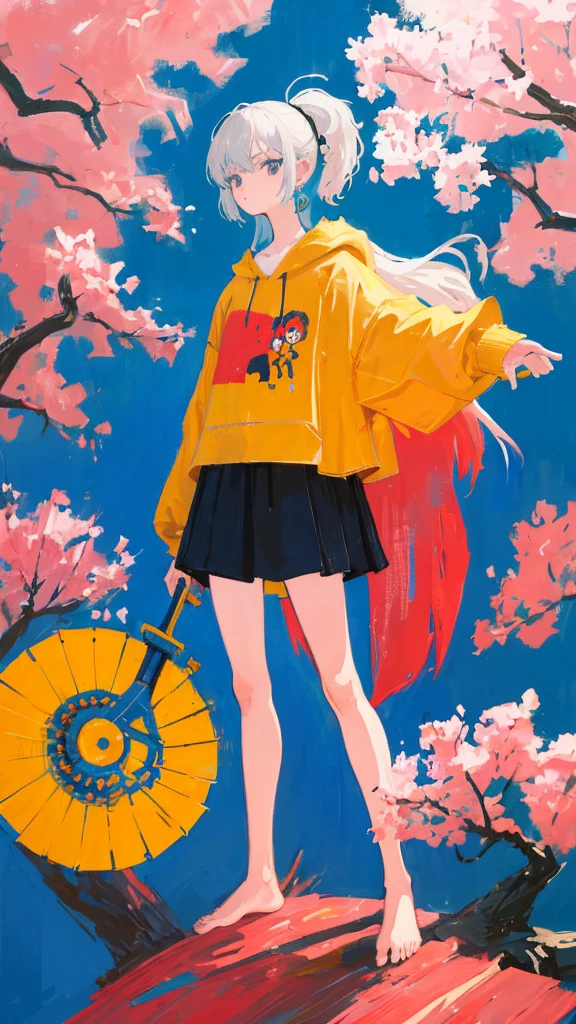 (shape: giant gram), (flat color:0.9),(colorful:1.1),(masterpiece:1,2), highest quality, masterpiece, High resolution, original, highly detailed wallpaper, looking at the viewer,,,1 girl,alone,Basquiat style,cherry blossoms,small person,Background center,barefoot