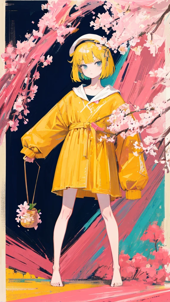 (shape: giant gram), (flat color:0.9),(colorful:1.1),(masterpiece:1,2), highest quality, masterpiece, High resolution, original, highly detailed wallpaper, looking at the viewer,,,1 girl,alone,Basquiat style,cherry blossoms,small person,Background center,barefoot